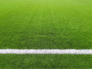 a fragment of a football field with an artificial grass with a drawn white line, source or wallpaper