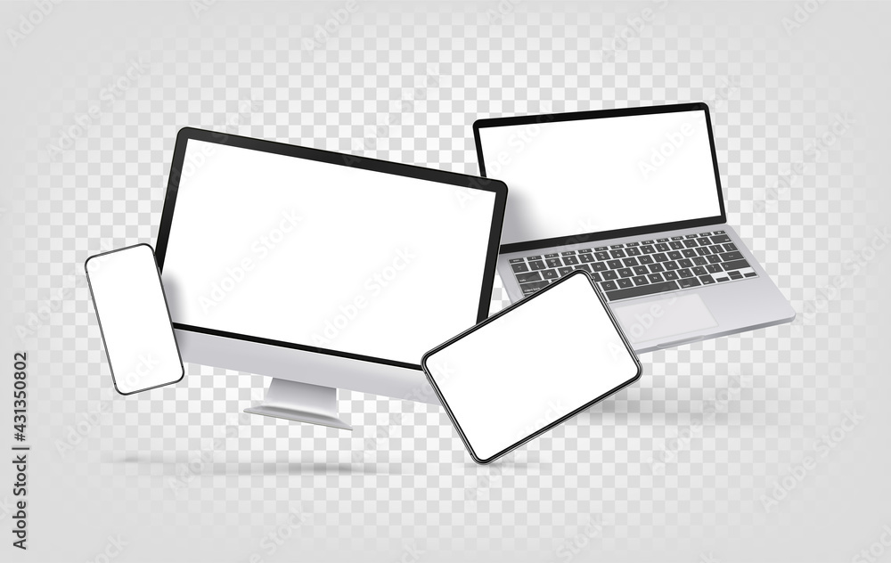 Poster Modern desktop personal computer, laptop, and tablet mockup with blank screens. Objects isolated on transparent background with levitation effect