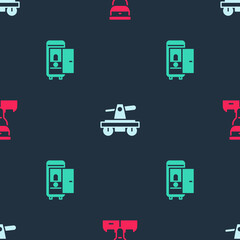 Set Train conductor, Draisine handcar and Toilet the train on seamless pattern. Vector