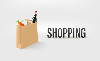 Shopping bag with food. Shopping concept. 3d style banner with inscription