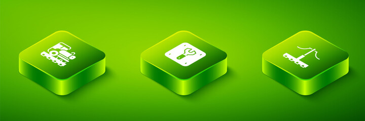 Set Isometric Repair of railway, Railway and Vintage locomotive icon. Vector