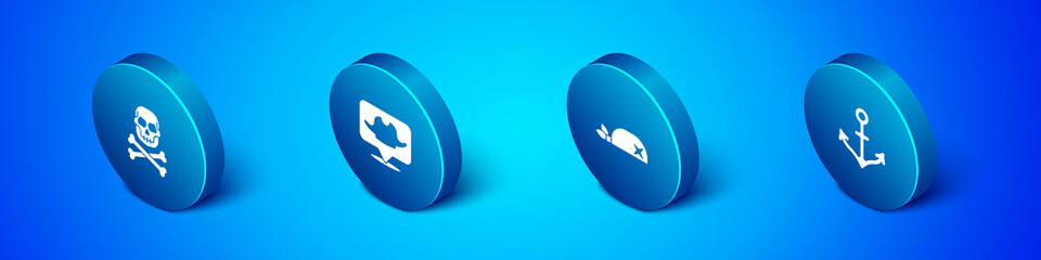 Set Isometric Skull on crossbones, Pirate bandana for head, Anchor and Location pirate icon. Vector