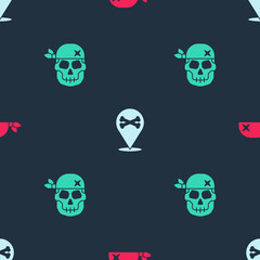 Set Pirate bandana for head, Location pirate and Skull on seamless pattern. Vector