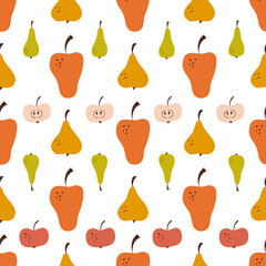 Seamless pattern with apple and pear in cartoon style. Vector illustration.