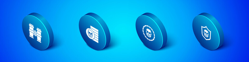 Set Isometric Binoculars, Pirate coin, Shield with pirate skull and icon. Vector