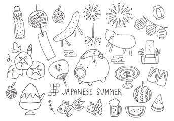 お盆にまつわる手描きイラストセット（モノクロ）