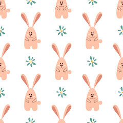 Seamless pattern with flower and bunny in abstract style. Vector illustration.