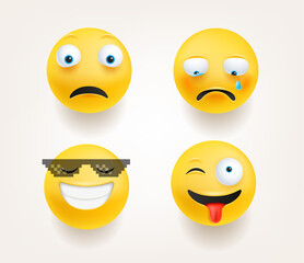 Emoticons in cute 3d style vector set isolated on white. Afraid, cry, boss, wink