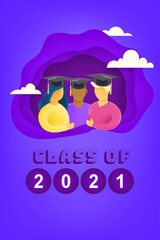 Class of 2021. Sudents with graduation cap 3d style vertical banner