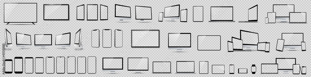 Poster set mockups of technology devices with empty display, device screen mockup collection, big realistic