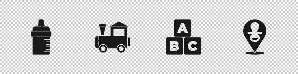 Set Baby bottle, Toy train, ABC blocks and dummy pacifier icon. Vector