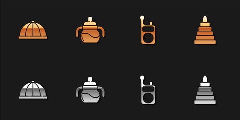 Set Baby hat, bottle, Monitor Walkie Talkie and Pyramid toy icon. Vector