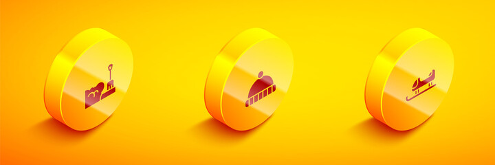 Set Isometric Shovel in snowdrift, Winter hat and Sled icon. Vector