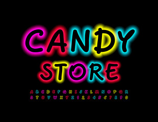 Vector Colorful Banner Candy Store. Bright Electric Font. Neon light Alphabet Letters and Numbers 