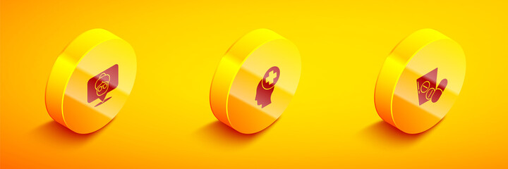 Naklejka premium Set Isometric Nursing home, Male head with hospital and Medicine pill or tablet icon. Vector