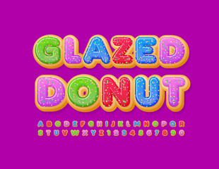 Vector tasty sign Glazed Donut. Bright Cake Font. Colorful Alphabet Letters and Numbers with Sprinkles