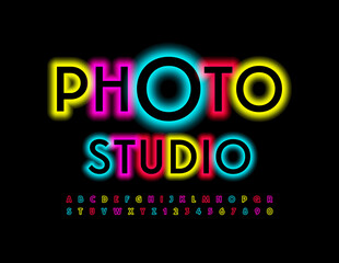 Vector Colorful Neon Emblem Photo Studio. Electric light Font. Glowing Alphabet Letters and Numbers set