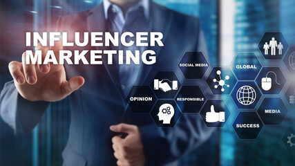 Influencer marketing concept in business. Technology, Internet and network. Abstract background mixed media