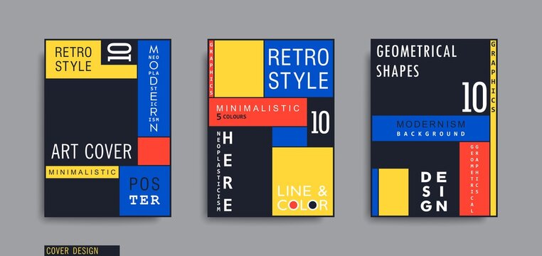 Modern Neoplasticism style posters. Mondrian style geometric composition. Vector banners design