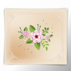 Card decorated with paper flowers, frames and pearls. 