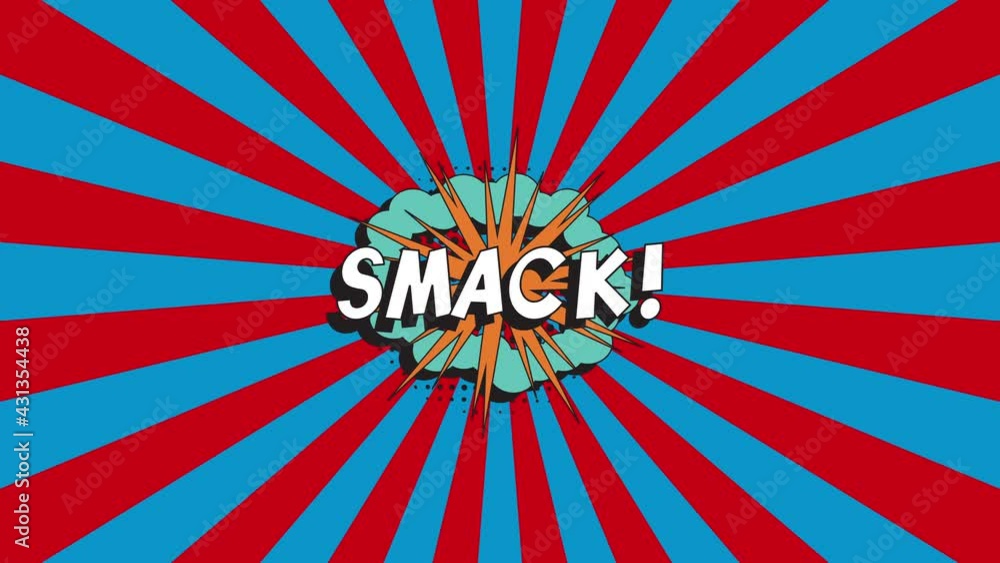 Poster 'smack!' in retro comics speech bubble with halftone dotted shadow on an animated red and blue backg