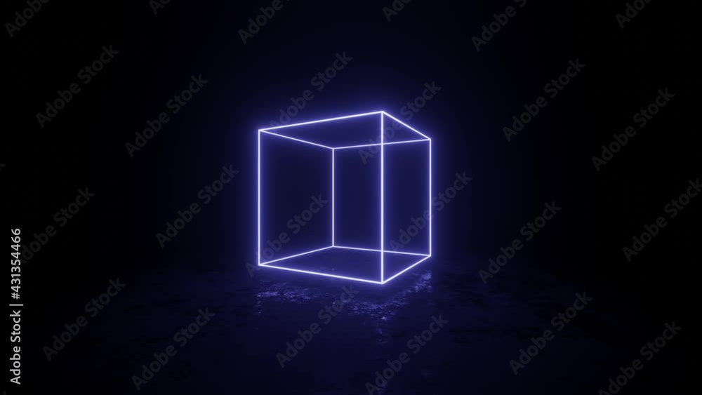Poster cube with violet neon edges spins and hovers over a dark surface. simple seamless motion graphic ani