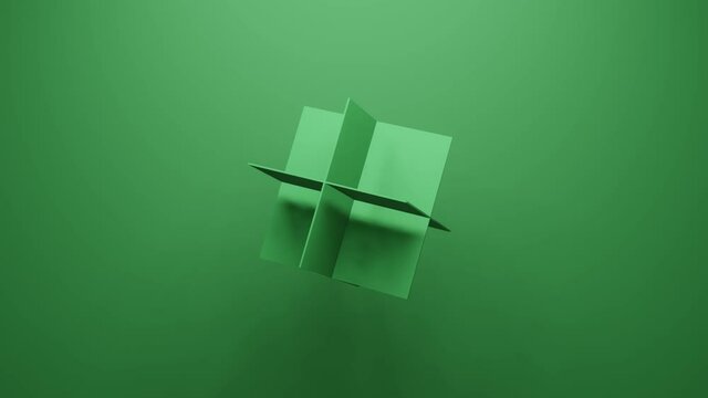 Square geometric shape rotates in random direction 3d rendering on green background. Abstract seamless loop simple animation