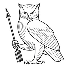 Hand drawn vector composition of owl with arrow. Stock logo illustration of archery for coloring pages.
