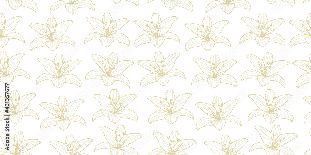 Poster Gold lilies seamless repeat pattern vector background