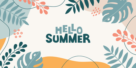 Hello summer colorful banner background with tropical leaves, flowers and lettering on white background. Modern summer design. Vector illustration  © Elena