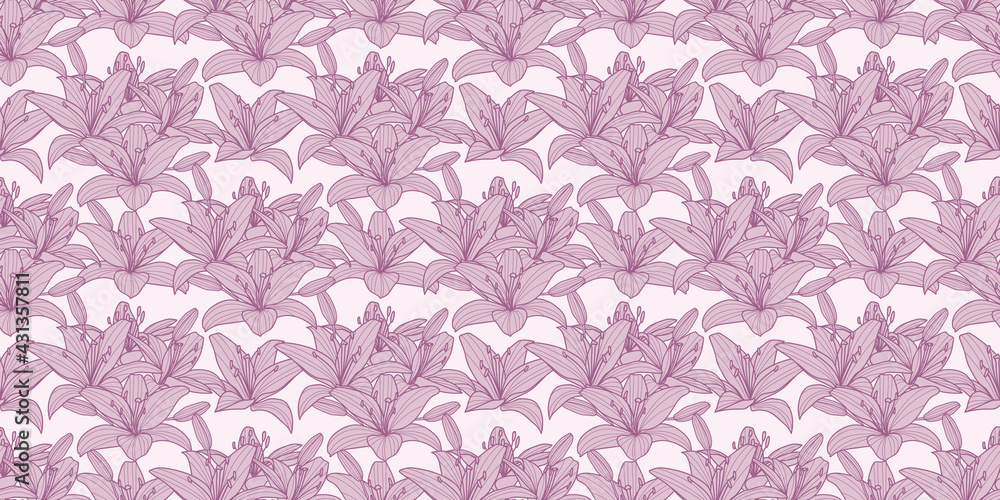 Poster pink lilies seamless repeat pattern vector background