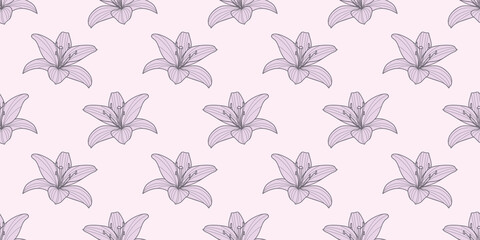 Pastel lilies, flower seamless repeat pattern vector background
