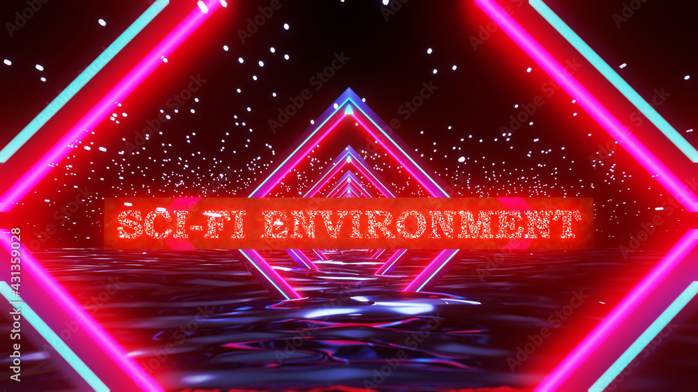 Poster illustration graphic between beautiful neon sci-fi 3d tunnel half inside the glowing river and with 