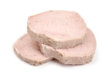 Boiled pork slices, isolated on white background. High resolution image
