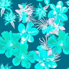 Fototapeta na wymiar Mint Watercolor Texture. Green Flower Decor. Turquoise Seamless Garden. Blue Hibiscus Decor. Pattern Garden. Tropical Backdrop.Fashion Wallpaper. Art Background