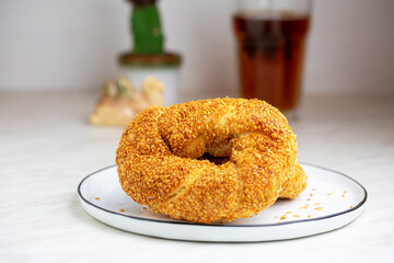 Turkish fast food bagel called Simit. Turkish bagel Simit with sesame. Bagel is traditional Turkish bakery food.