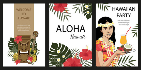 Set of beautiful Hawaiian postcards. Postcards featuring a tiki statue, flowers, palm leaves, a girl with a cocktail.