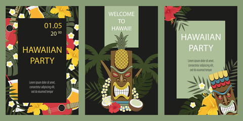 Set of Hawaiian postcards. Hawaiian party invitation. Postcards with tiki statue, flowers, palm leaves.