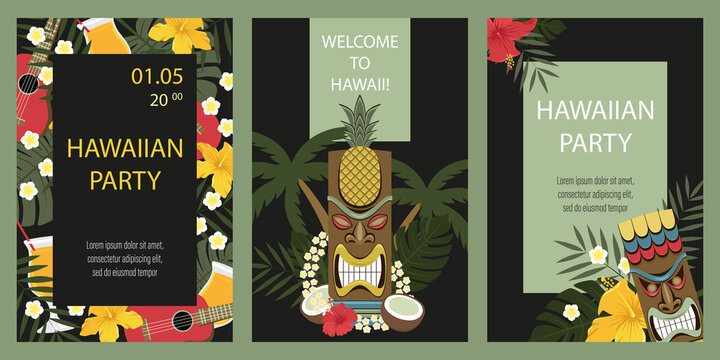 Set Of Hawaiian Postcards. Hawaiian Party Invitation. Postcards With Tiki Statue, Flowers, Palm Leaves.