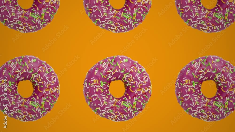 Poster pink donuts geometric pattern on an orange background. simple motion graphic food concept seamless l
