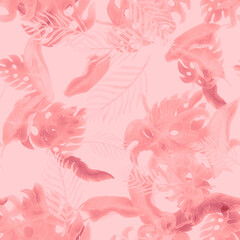 Fototapeta premium Coral Monstera Pattern Foliage. Pink Seamless Foliage. White Watercolor Monstera. Tropical Background. Floral Design. Summer Set. Vintage Set. Art Backdrop.