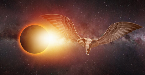 Solar Eclipse with African elephant with hawk wings "Elements of this image furnished by NASA "