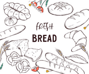 Banner or poster template with hand drawn image of various bread and  bakery production. Banner for  bakeshop or bakehouse, engraving sketch style vector illustration isolated on white background.