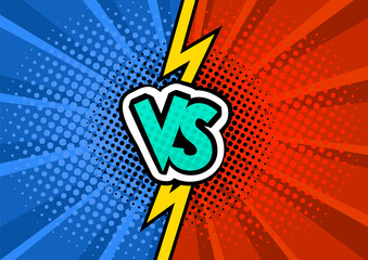 Vs comics book collision background. Red and blue Fight versus pattern. Comic magazine funny poster. Vector illustration in pop art style