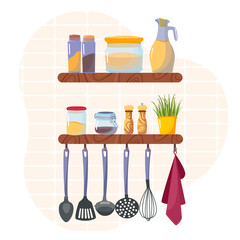 Set of kitchen accessory on shelves. Vector kitchen tools. Household utensil and cutlery, crockery. Cooking equipment and food preparation theme. Kitchen shelf with kitchenware and utensil