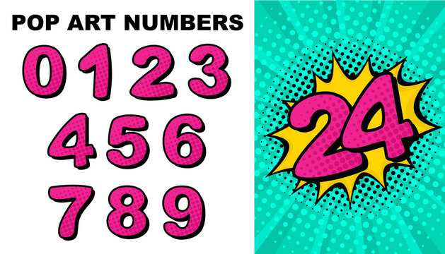 Set of comic numbers with halftones in pop art style. Cartoon figures for design, posters, banners, advertising posters, alphabet, children's books. Vector illustration.