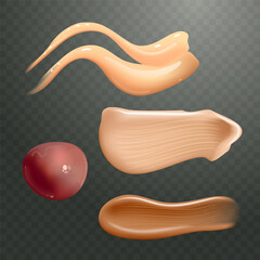 Set of realistic cosmetic cream smears. Skincare product of different body colors. Lotion smooth smear isolated vector texture on transparent background.