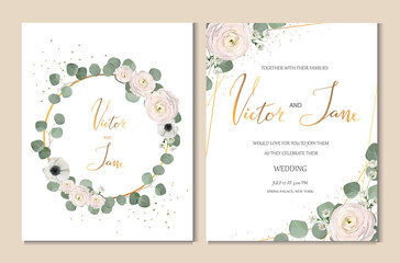 rose, anemone, ranunculus, chamelaucium, pink flowers and decorative eucaliptus leaves greeting design cards set. wedding invitation template, design concept