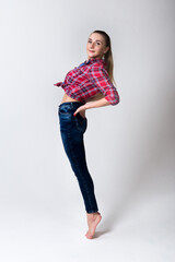 Yoga gymnastics backbend, female acrobat in graceful pose, strong flexible body of girl gymnastics on white background