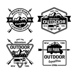 Outdoor camping and rv campers park vector monochrome emblems, badges, labels or logos isolated on white background